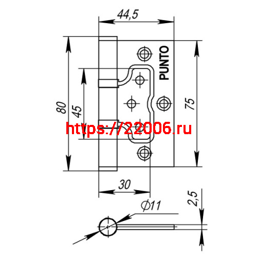 Петля Punto (Пунто) универсальная без врезки IN3200W PN (200-2B 75x2,5) мат. никель фото 3