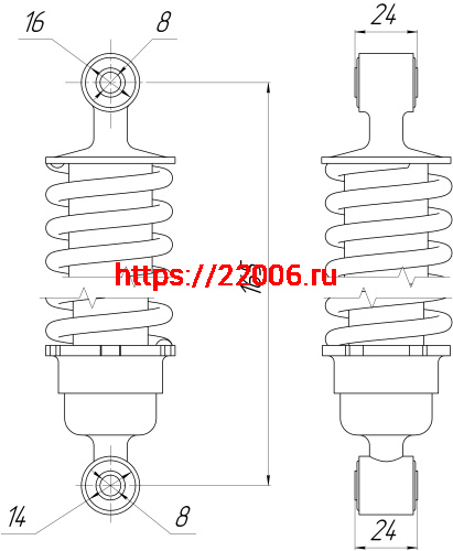 Амортизатор рамы зад. (800LBS*165L)(HG-D (TG-F)) закрытый (L-165, D1-16,d1-8,Н1-24, D2-14,d2-8, Н2-24) фото 2 Амортизатор рамы зад. (800LBS*165L)(HG-D (TG-F)) закрытый (L-165, D1-16,d1-8,Н1-24, D2-14,d2-8, Н2-24) фото 2