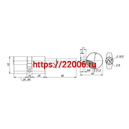 Цилиндровый Fuaro (Фуаро) механизм (D-PRO507-8/100) D-PRO5007-8Tang100(65+10+25) CP хром 5+1Key со штоком перекод. фото 3
