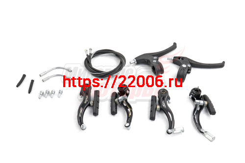 Тормоз v-brake металло-пластик (набор передний+задний) с рычагами и тросами, высота рамки 115 мм (SPRANDOM)