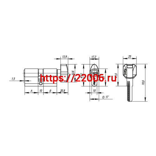 Цилиндровый Punto (Пунто) механизм MaxPro7002Knob65mm(30+10+25) SN никель 7key с вертушкой фото 4