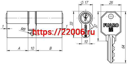 Цилиндровый Fuaro (Фуаро) механизм 100 CA 90 mm (35+10+45) CP хром 3 кл. фото 2